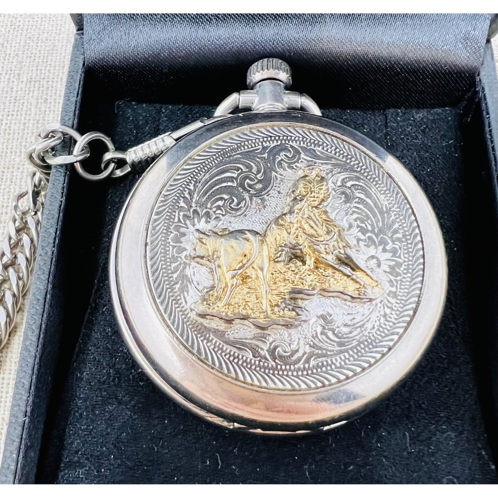 Montana Silversmiths Cowboy Pocket Watch Silver Gold Tone Western Quartz